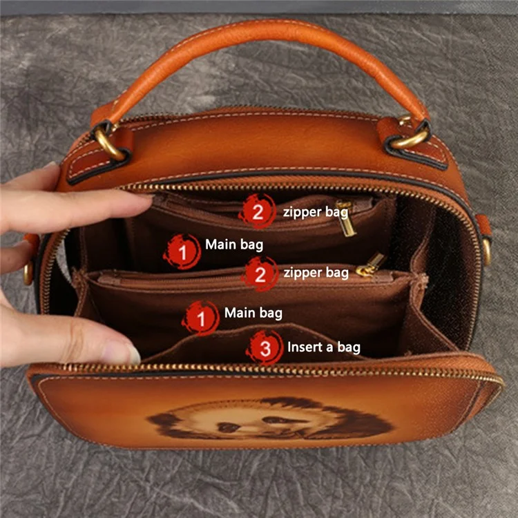 3039 Ladie's Cowhide Leather Handbag Vintage Bag Organizer Panda Pattern Crossbody Bag