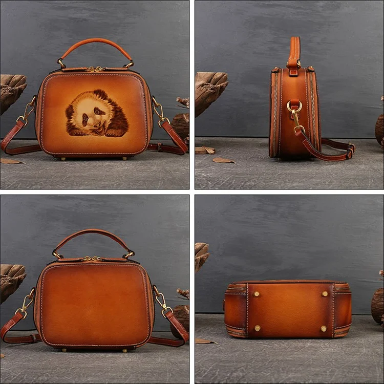 3039 Ladie's Cowhide Leather Handbag Vintage Bag Organizer Panda Pattern Crossbody Bag
