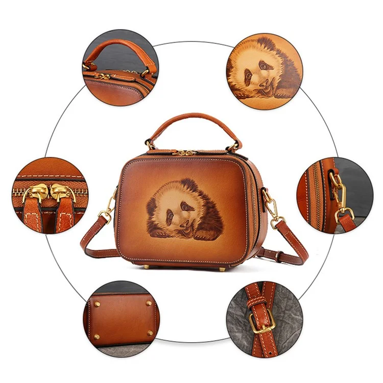 3039 Ladie's Cowhide Leather Handbag Vintage Bag Organizer Panda Pattern Crossbody Bag