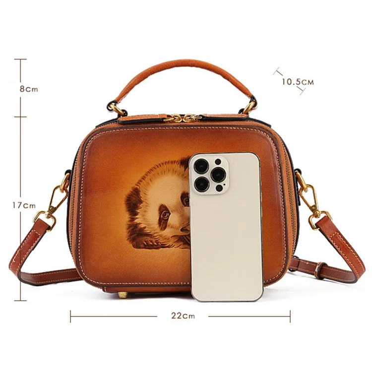 3039 Ladie's Cowhide Leather Handbag Vintage Bag Organizer Panda Pattern Crossbody Bag