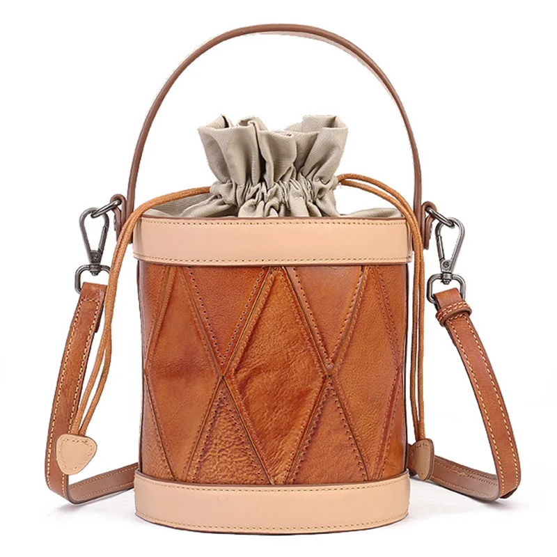 8777 Women's Drawstring Bucket Bag Cowhide Leather Casual Handbag Vintage Shoulder Crossbody Bag