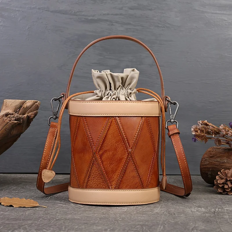 8777 Women's Drawstring Bucket Bag Cowhide Leather Casual Handbag Vintage Shoulder Crossbody Bag
