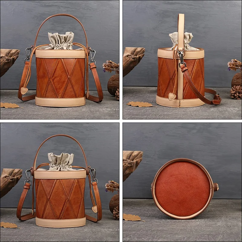 8777 Women's Drawstring Bucket Bag Cowhide Leather Casual Handbag Vintage Shoulder Crossbody Bag