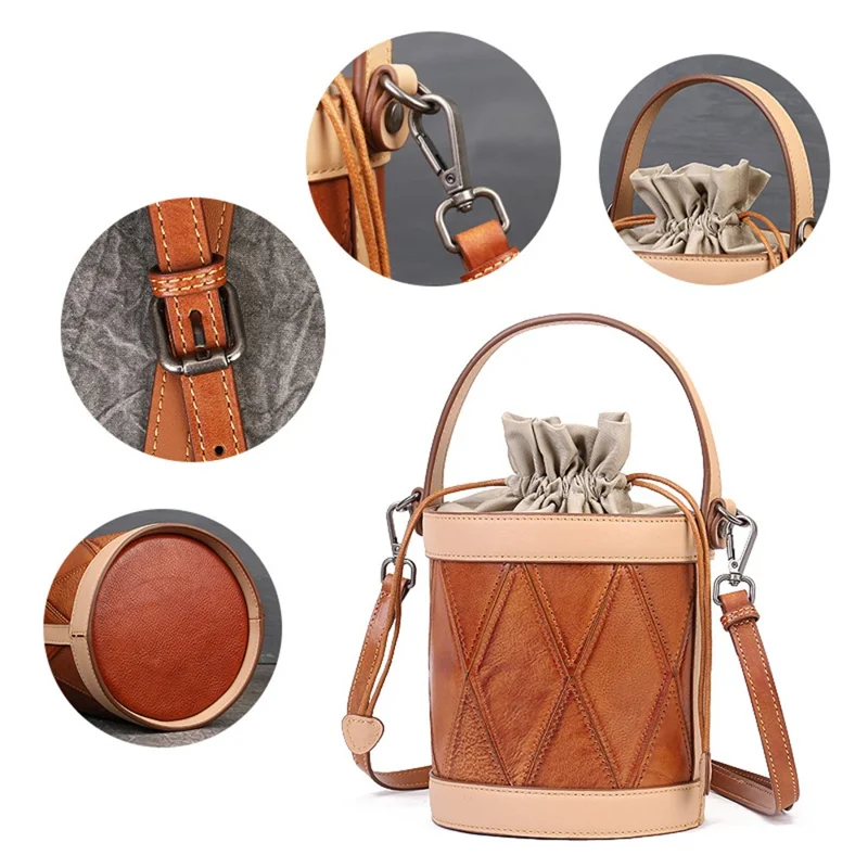 8777 Women's Drawstring Bucket Bag Cowhide Leather Casual Handbag Vintage Shoulder Crossbody Bag