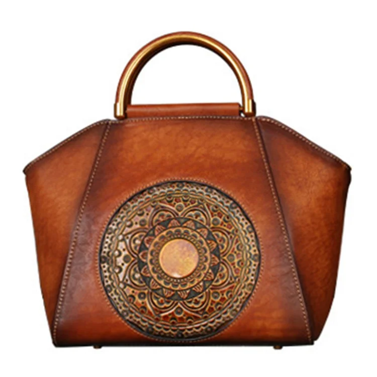 S1156 Cowhide Leather Handbag Dumpling Satchel Vintage Totem Shoulder Bag - Brown