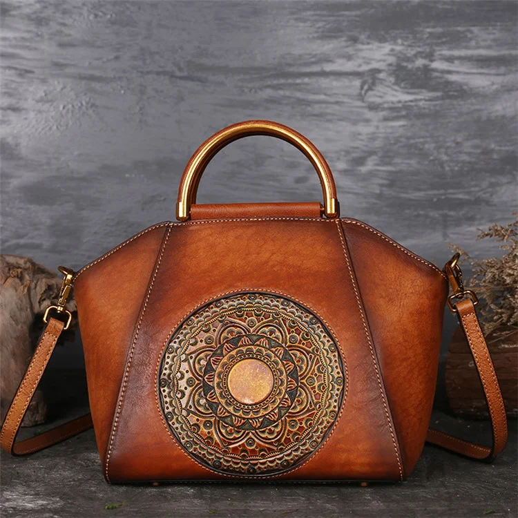 S1156 Cowhide Leather Handbag Dumpling Satchel Vintage Totem Shoulder Bag - Brown