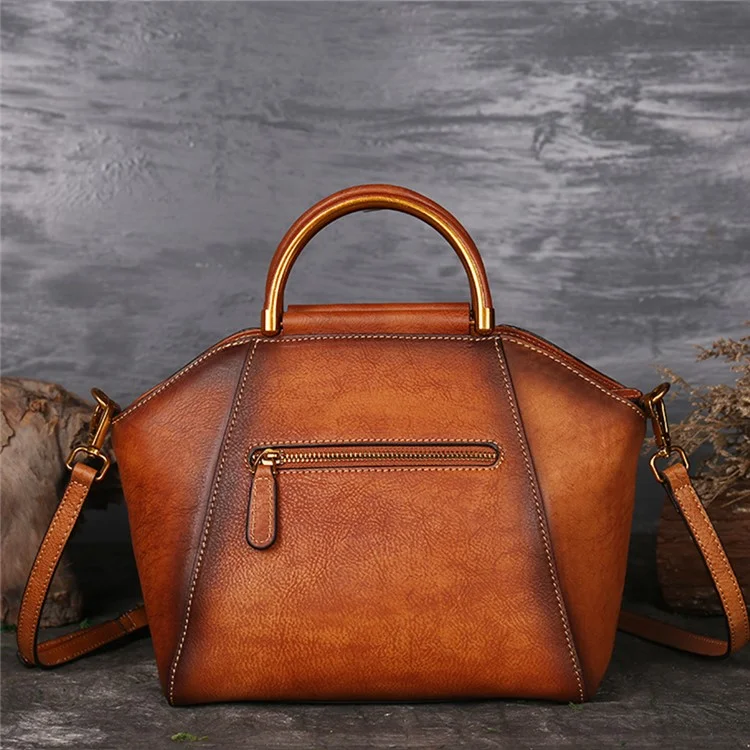 S1156 Cowhide Leather Handbag Dumpling Satchel Vintage Totem Shoulder Bag - Brown