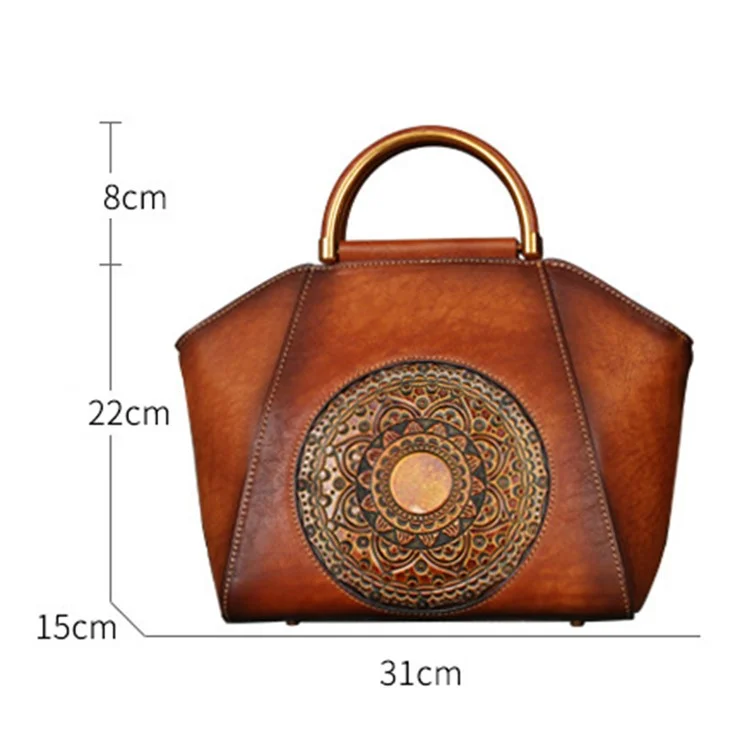S1156 Cowhide Leather Handbag Dumpling Satchel Vintage Totem Shoulder Bag - Brown