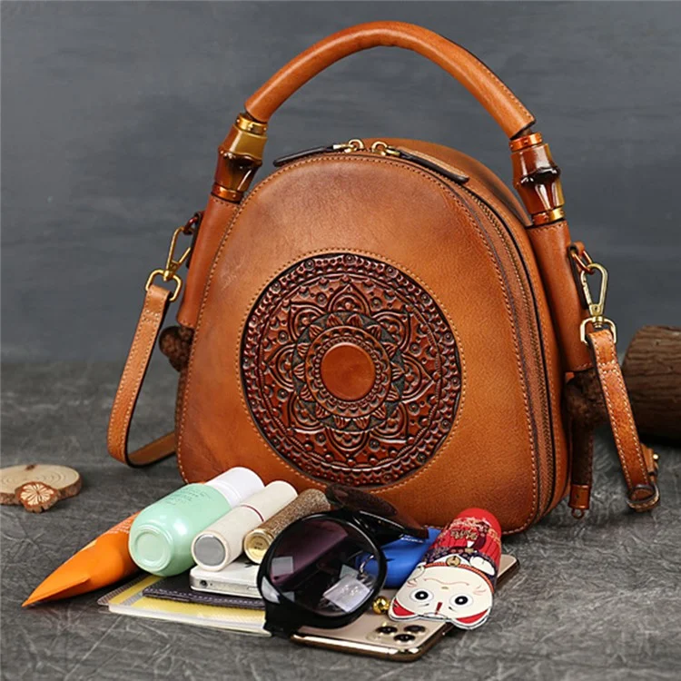 Bolsos de hombro de cuero de vaca 3217 Satchel Vintage Totem Crossbody Bag - Marrón