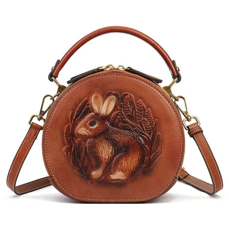 6222 Small Handbag Rabbit Pattern Cowhide Leather Round Bag Crossbody Shoulder Bag - Brown