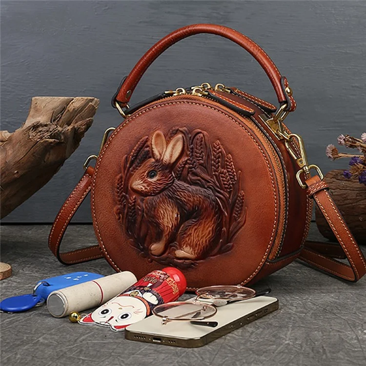6222 Small Handbag Rabbit Pattern Cowhide Leather Round Bag Crossbody Shoulder Bag - Brown