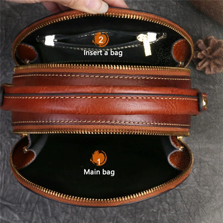 6222 Small Handbag Rabbit Pattern Cowhide Leather Round Bag Crossbody Shoulder Bag - Brown