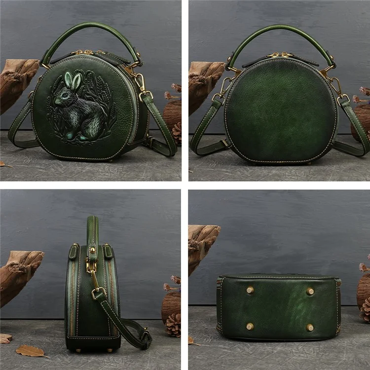 6222 Small Handbag Rabbit Pattern Cowhide Leather Round Bag Crossbody Shoulder Bag - Brown