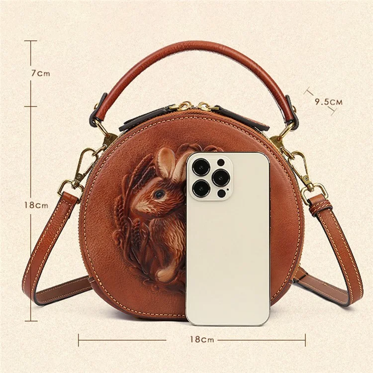 6222 Small Handbag Rabbit Pattern Cowhide Leather Round Bag Crossbody Shoulder Bag - Brown