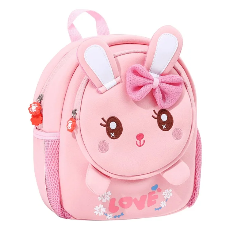 Mochila para niños de neopreno SBR, anti-pérdida para estudiantes, bolsa escolar con decoración de dibujos animados en 3D, tamaño: L - Rosa / Conejo