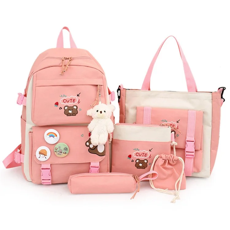 5Pcs / Set Canvas Backpack Handbag Drawstring Bag Pencil Case with Cartoon Bear Pendant - Pink