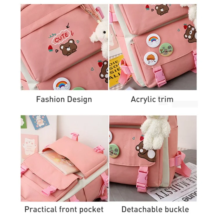 5Pcs / Set Canvas Backpack Handbag Drawstring Bag Pencil Case with Cartoon Bear Pendant - Pink