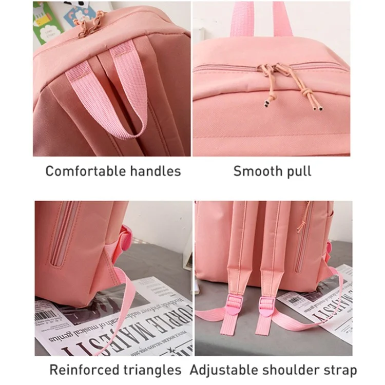 5Pcs / Set Canvas Backpack Handbag Drawstring Bag Pencil Case with Cartoon Bear Pendant - Pink
