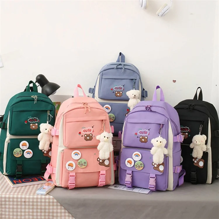 5Pcs / Set Canvas Backpack Handbag Drawstring Bag Pencil Case with Cartoon Bear Pendant - Pink