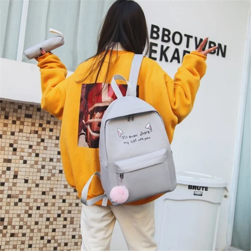 4Pcs Casual Student School Backpack Set Tote Sling Shoulder Bag Pencil Case Canvas Travel Bag Kit - Grey