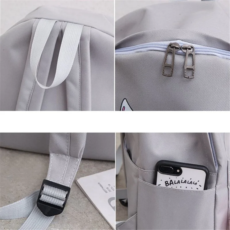 4Pcs Casual Student School Backpack Set Tote Sling Shoulder Bag Pencil Case Canvas Travel Bag Kit - Grey