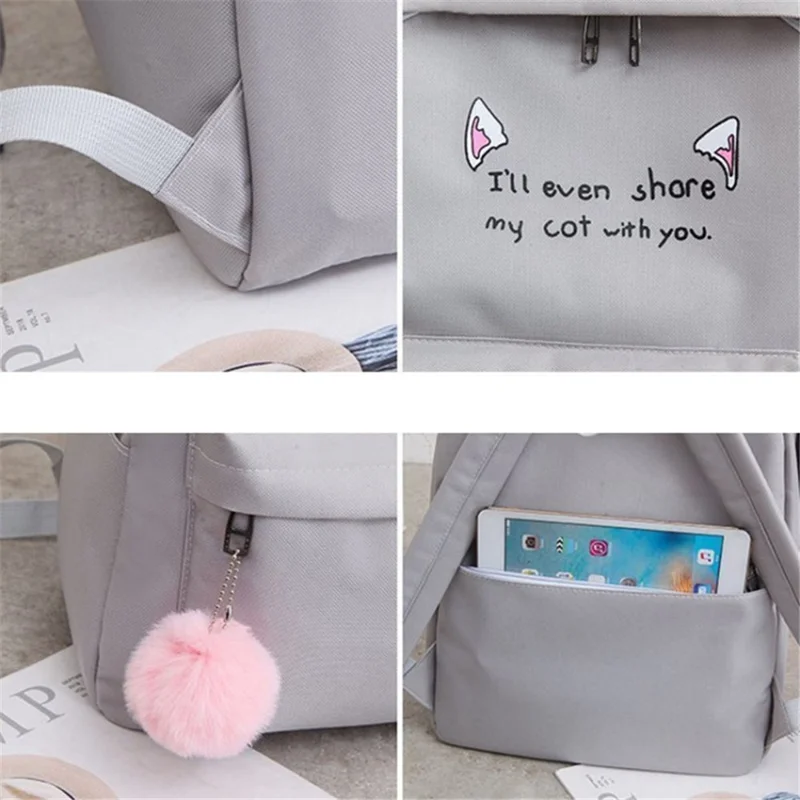 4Pcs Casual Student School Backpack Set Tote Sling Shoulder Bag Pencil Case Canvas Travel Bag Kit - Grey