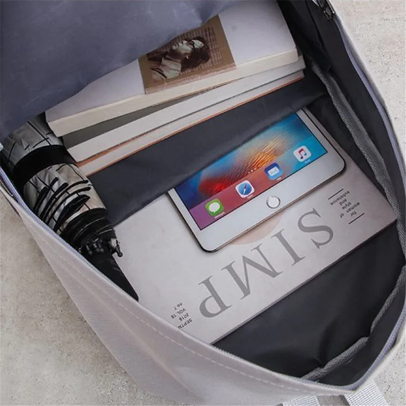 4Pcs Casual Student School Backpack Set Tote Sling Shoulder Bag Pencil Case Canvas Travel Bag Kit - Grey