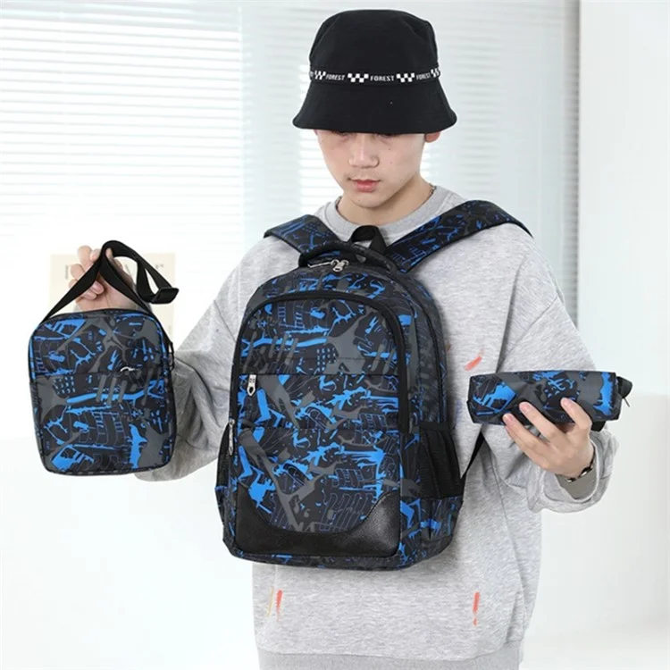 Set da 3 pezzi Zaino da Viaggio Borsa da Spalla Astuccio in Nylon di Grande Capacità - Blu