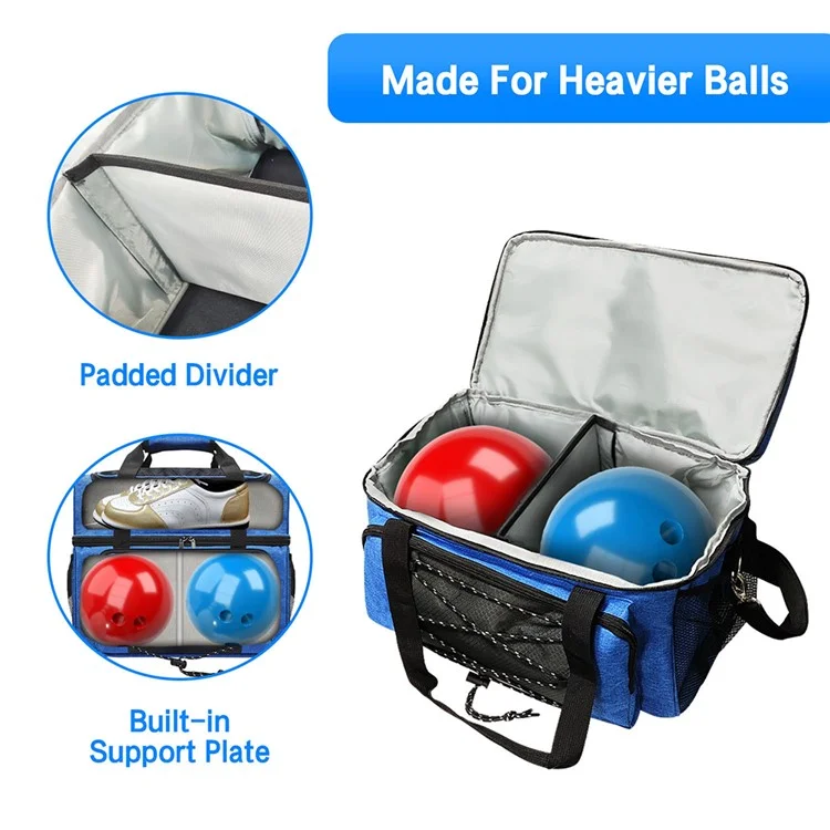Portable Bowling Tote Bag Carrier Storage Bag for 2 Balls with Padded Divider - Blue