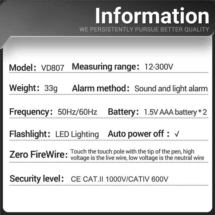 ANENG VD807 Testador de Tensão Multifuncional com Exibição, Lanterna de LED Inteligente, Reconhecedor de Linha Ativa/Neutro - Preto