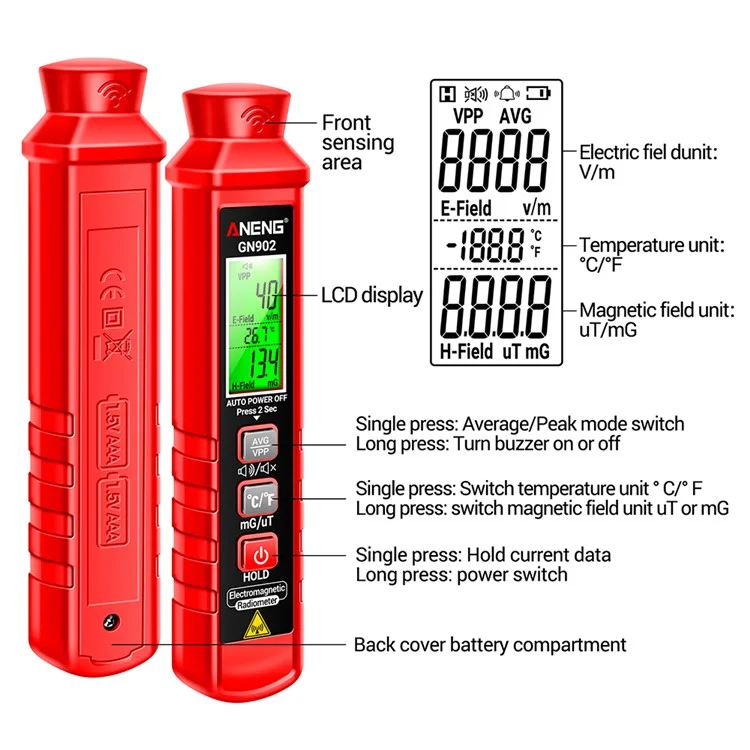 ANENG GN902 Radiation Detector LCD Backlit Digital Display Electromagnetic Radiation Measurer Tester