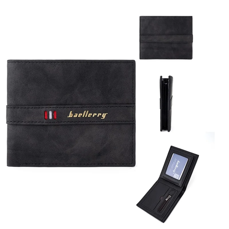 BAELLERRY D3033 Bi-fold Wallet for Men, Compact PU Leather Billfold Cash Money Storage Pouch - Black