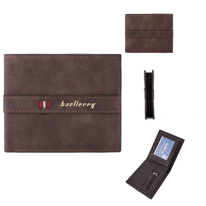 BAELLERRY D3033 Bi-fold Wallet for Men, Compact PU Leather Billfold Cash Money Storage Pouch - Dark Brown