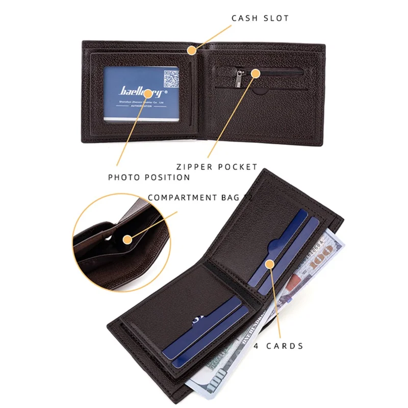 BAELLERRY D3033 Bi-fold Wallet for Men, Compact PU Leather Billfold Cash Money Storage Pouch - Dark Brown