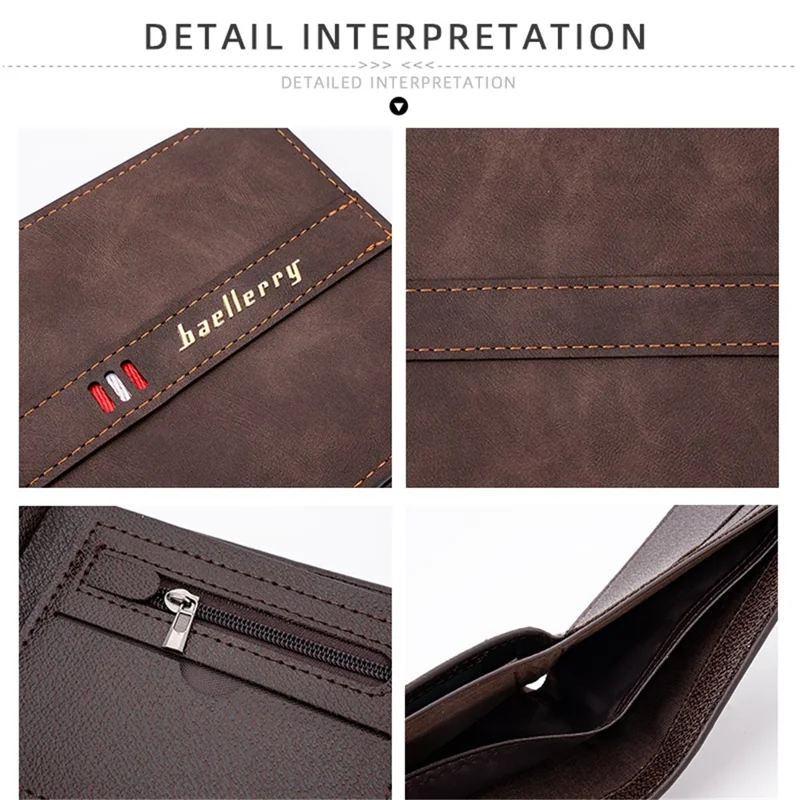 BAELLERRY D3033 Bi-fold Wallet for Men, Compact PU Leather Billfold Cash Money Storage Pouch - Dark Brown
