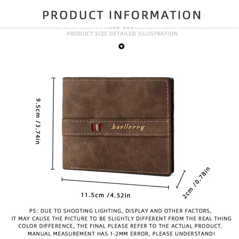 BAELLERRY D3033 Bi-fold Wallet for Men, Compact PU Leather Billfold Cash Money Storage Pouch - Dark Brown