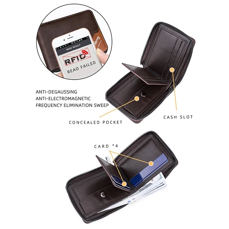 BAELLERRY D5104 Men's Zipper Wallet RFID Blocking PU Leather Card Pouch Coin Purse Bag Billfold - Light Brown