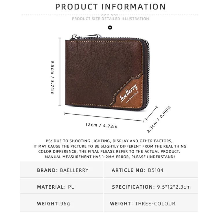 BAELLERRY D5104 Men's Zipper Wallet RFID Blocking PU Leather Card Pouch Coin Purse Bag Billfold - Light Brown