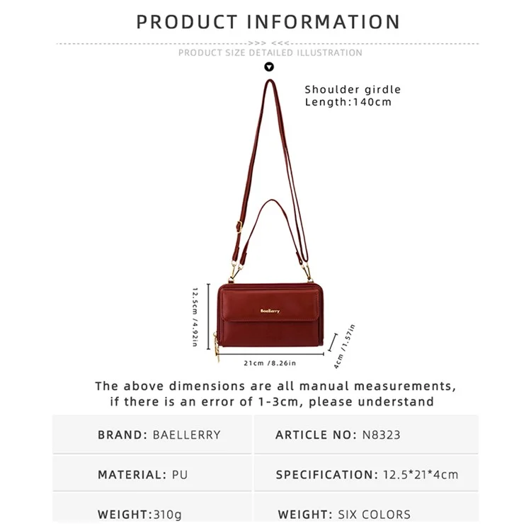 BAELLERRY N8323 Donna Touch Screen Portacellulare Borsa a tracolla in pelle PU - Rosa Scuro