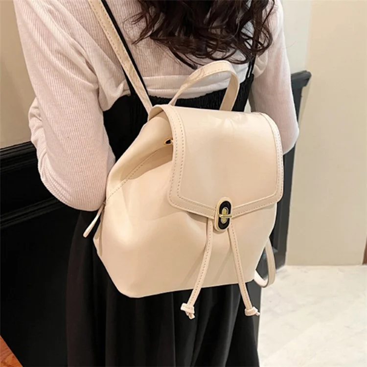 WXWG-8009 Solid Color PU Leather Small Backpack Drawstring Women Tote Rucksack - Marrón