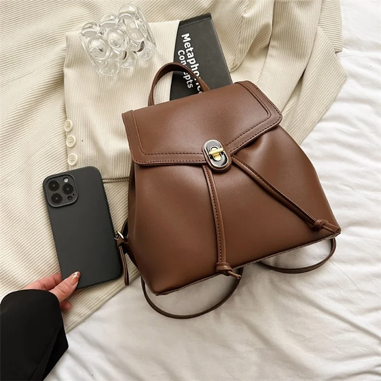 WXWG-8009 Solid Color PU Leather Small Backpack Drawstring Women Tote Rucksack - Marrón