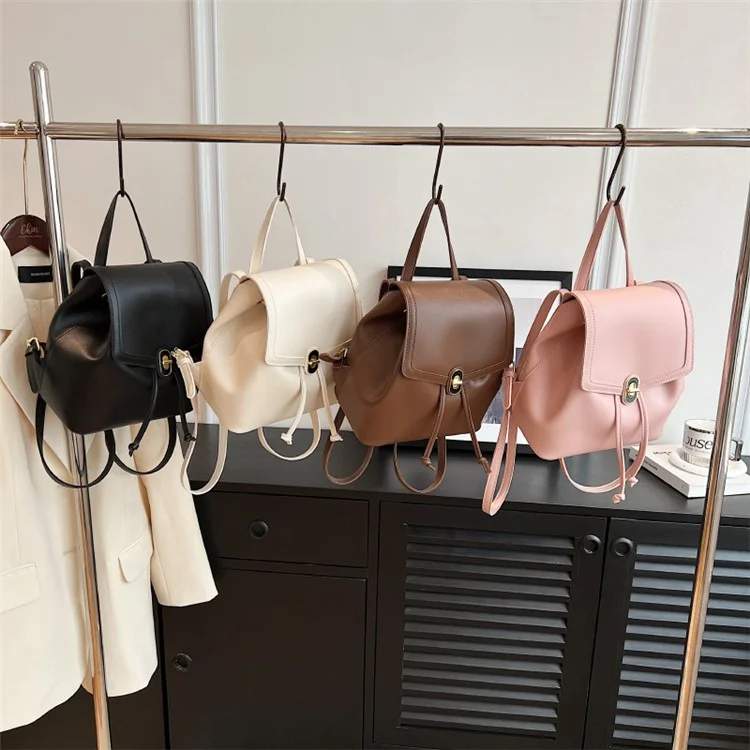 WXWG-8009 Solid Color PU Leather Small Backpack Drawstring Women Tote Rucksack - Marrón