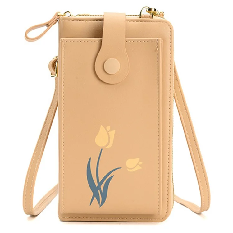 2067 Flower Pattern Printing Phone Carrying Pouch PU Leather Wallet Women Crossbody Shoulder Bag - Apricot