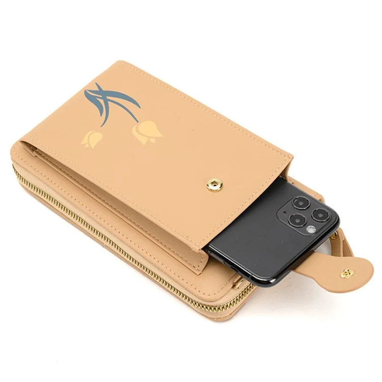 2067 Flower Pattern Printing Phone Carrying Pouch PU Leather Wallet Women Crossbody Shoulder Bag - Apricot