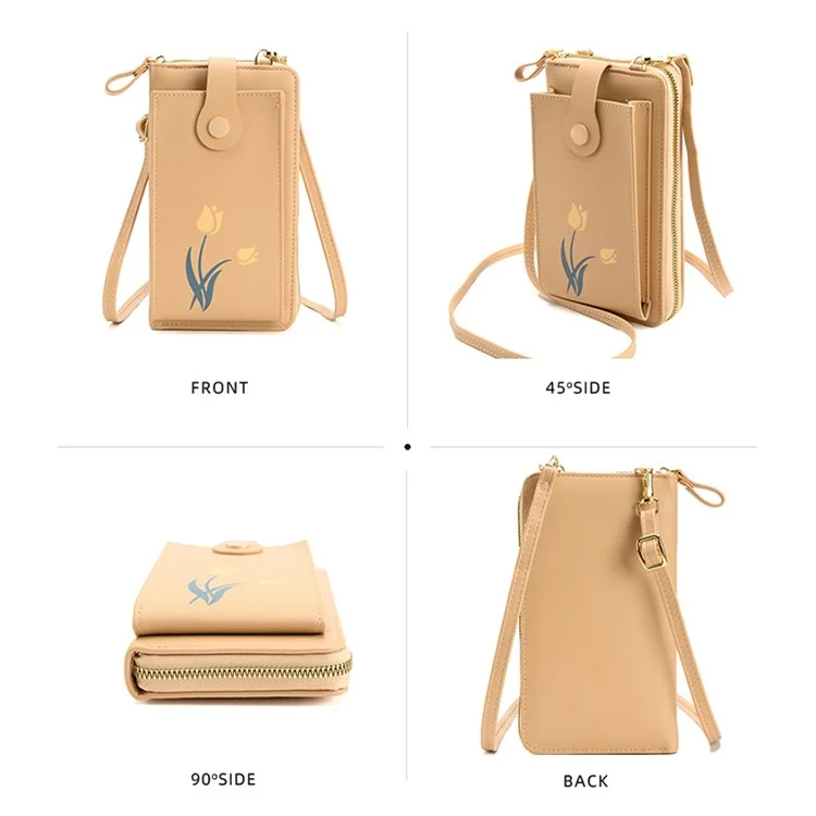 2067 Flower Pattern Printing Phone Carrying Pouch PU Leather Wallet Women Crossbody Shoulder Bag - Apricot