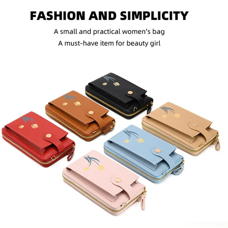 2067 Flower Pattern Printing Phone Carrying Pouch PU Leather Wallet Women Crossbody Shoulder Bag - Apricot