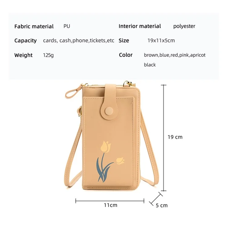 2067 Flower Pattern Printing Phone Carrying Pouch PU Leather Wallet Women Crossbody Shoulder Bag - Apricot