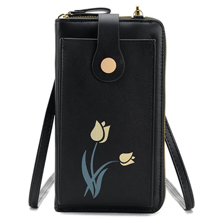 2067 Motif Floral Impression Téléphone Transportant Poche Portefeuille en Cuir PU Femmes Sac à Bandoulière Croisé - Noir