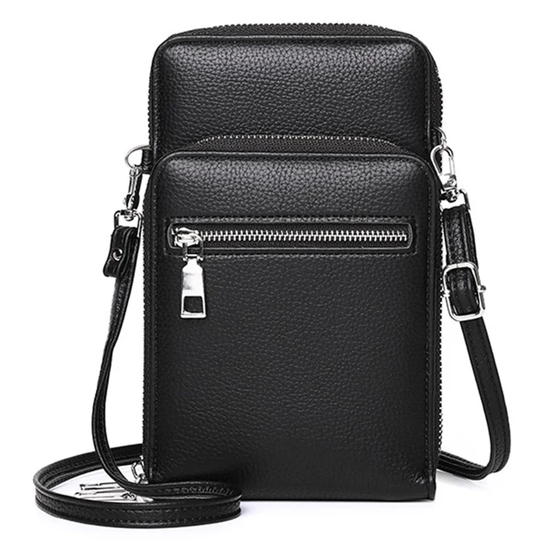 002 Double Layer PU Leather Men Zipper Wallet Cellphone Holder Small Crossbody Bag - Black