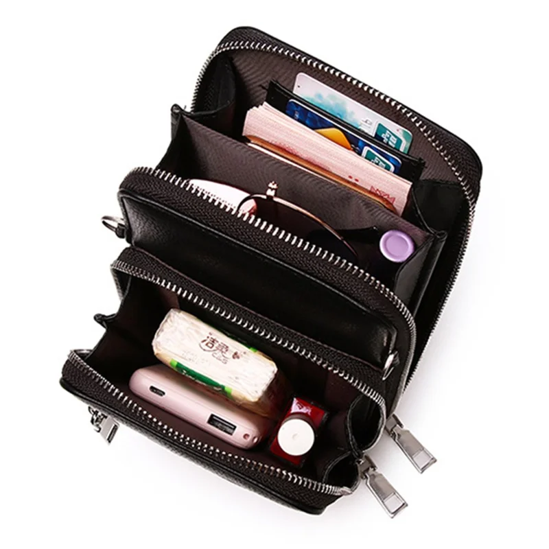 002 Double Layer PU Leather Men Zipper Wallet Cellphone Holder Small Crossbody Bag - Black